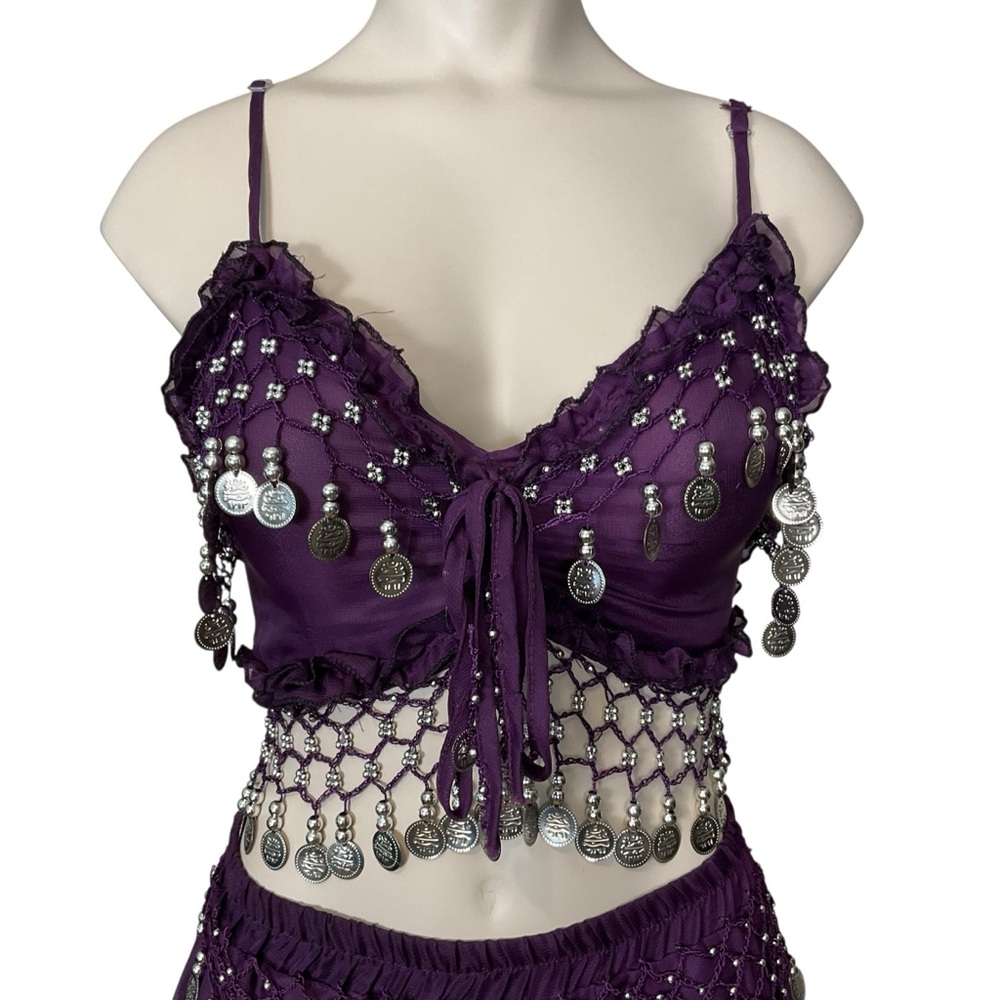 WESTERN FASHION sz S/M Belly Dancer Outfit Coin and Bead Accents Grape Purple - Picture 7 of 13